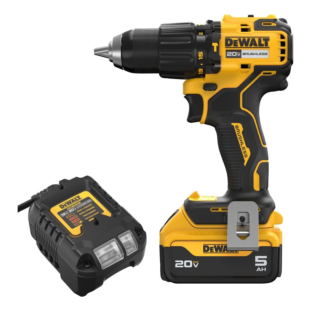 A DEWALT 20V brushless cordless drill with a yellow and black design, shown with a 5Ah battery attached and a battery charger placed next to it.